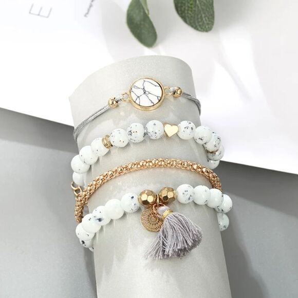 White Marble Gold Charm Tassel Bracelet Set - Picture 4 of 6
